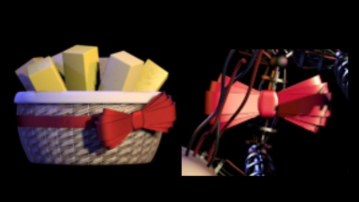 cawthonmedias's tweet image. Fun fact, the bowtie used for the Exotic Butter basket in Sister Location is the same model as Mangle's