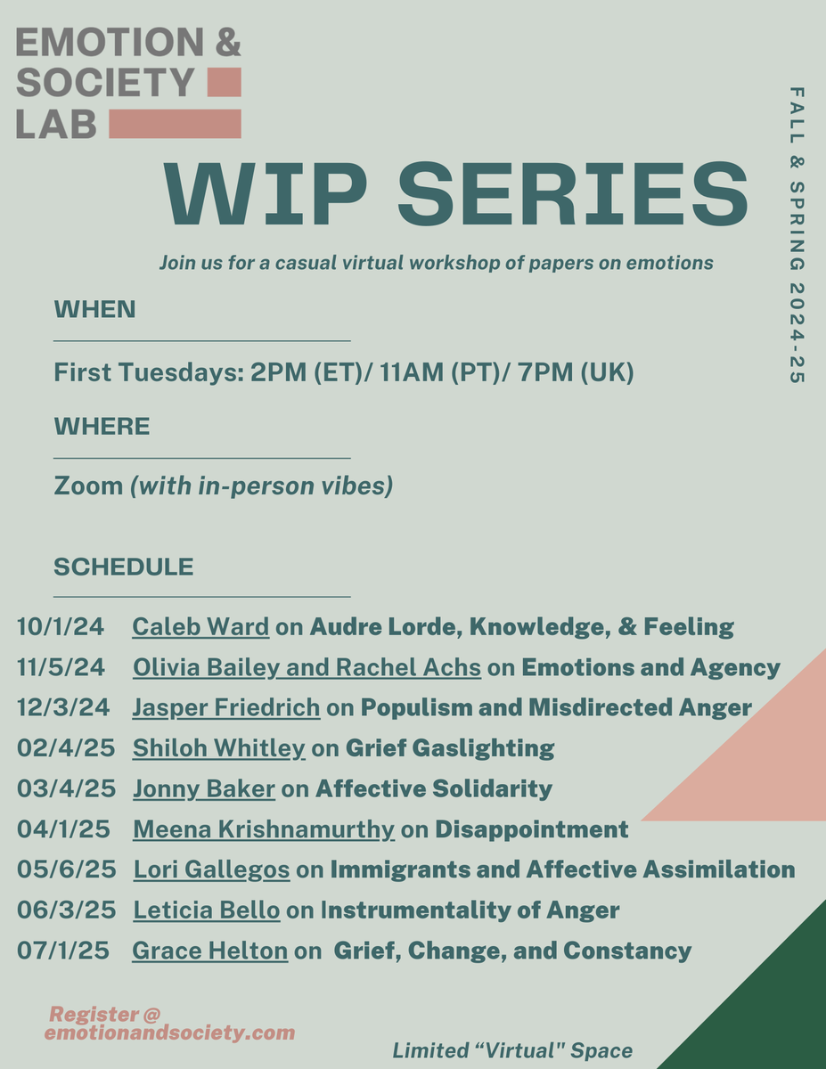 myishacherry's tweet image. Looking forward to this year's Works-In-Progress series on emotions via "The Emotion and Society Lab." It's a virtual, read-ahead event.  

We are excited to discuss the papers of the brilliant folks below in the upcoming months.   

Get on mailing list: emotionandsociety.substack.com