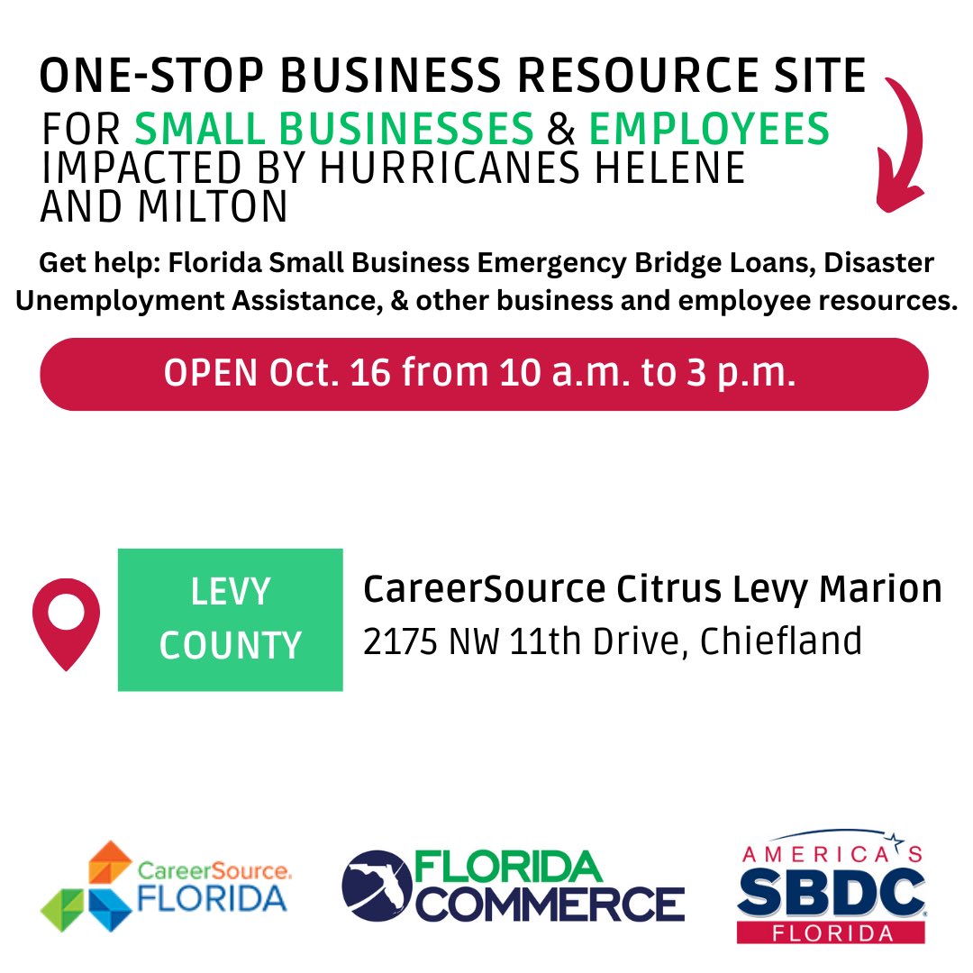 Attention Levy County!
.<a href="/FLACommerce/">FloridaCommerce</a>, <a href="/CareerSourceFL/">CareerSource Florida</a>, <a href="/FloridaSBDCN/">Florida SBDC Network</a>, <a href="/FloridaDBPR/">Florida DBPR</a> and state agency job recruiters will be on the ground in your community tomorrow from 10am-3pm with disaster recovery resources following Hurricanes Helene and Milton. Stop by or visit