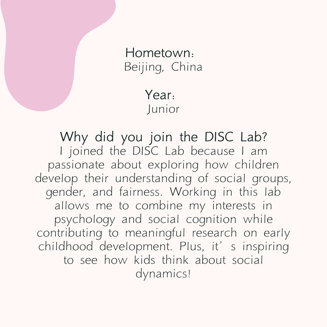 DISC_LabKids's tweet image. Meet Yiran Fu, a junior from Beijing, China! 🌍 She’s been helping design recruitment materials and creating engaging experiences for participants in the DISC Lab.🧠✨
Yiran aims to pursue a master's degree in learning analytics or data analytics! 🎓