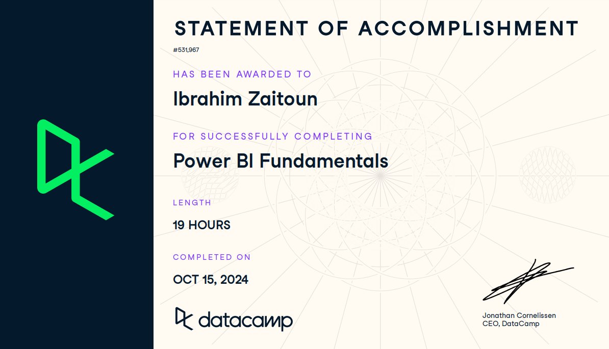 IbrahimZaitoun9's tweet image. Power BI Fundamentals✅
DAX ✅
Data Preparation ✅
Data Modeling ✅
فَلَمّا أَنَخنا رَكَزنا الرِماحَ
فَوقَ مَكارِمِنا وَالعُلا
وَبِتنا نُقَبِّلُ أَسيافَنا
وَنَمسَحُها مِن دِماءِ العِدا
لِتَعلَمَ مِصرُ وَمَن بِالعِراقِ
وَمَن بِالعَواصِمِ أَنّي الفَتى
#powerbi
#data_analysis