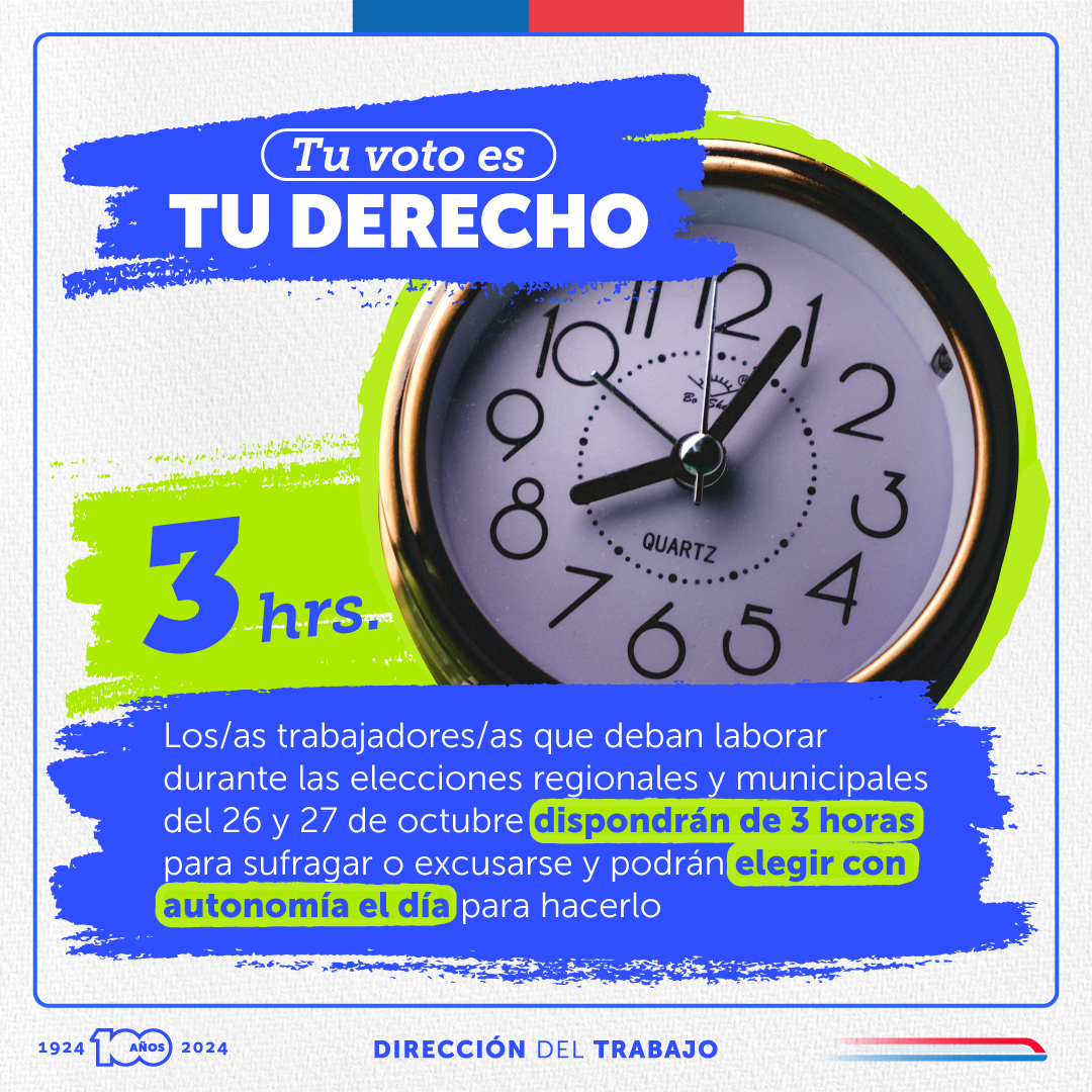 🗳️El 26 y 27 de octubre se elegirán gobernadores, consejeros regionales, alcaldes y concejales.
📅Las y los trabajadores que deban laborar durante las elecciones dispondrán de 3 horas para sufragar o excusarse y podrán elegir con autonomía el día para hacerlo.
#ChileVotaInformado