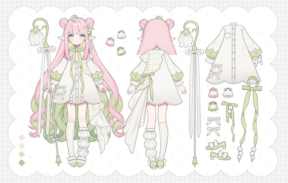 ello~♡ I’m Miyu! An Elf Druid, keeper of the Lily of the Valley, and a friend to all frogs 🌷🐸YES I KNOW, I may LOOK like a frog right now...but I swear I'm an elf! I just... accidentally cast a spell on myself and can't turn back ~(>_<~) yet! 

🎨 Design Sheet by