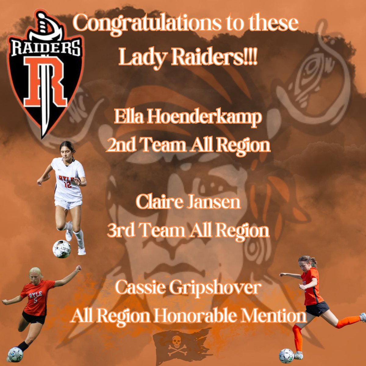 Congratulations to these Lady Raiders: Ella Hoenderkamp, 2nd Team All-Region, Claire Jansen, 3rd Team All-Region, &amp; Cassie Gripshover, All-Region Honorable Mention! Way to go!!!
⚽️⚔️🏴‍☠️ 
ONE HEART
ONE MIND
ONE PROGRAM 
#Hoorah
#RaiderNation