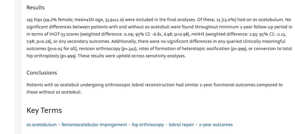 New paper in <a href="/ArthroscopyJ/">Arthroscopy Journal</a> ASMAR from our team <a href="/MassGenBrigham/">Mass General Brigham</a> led by <a href="/Bilal_Siddiq__/">Bilal Siddiq</a>  looking at the influence of os acetabuli on functional outcomes 2 years after hip arthroscopy. Excellent work, Bilal!