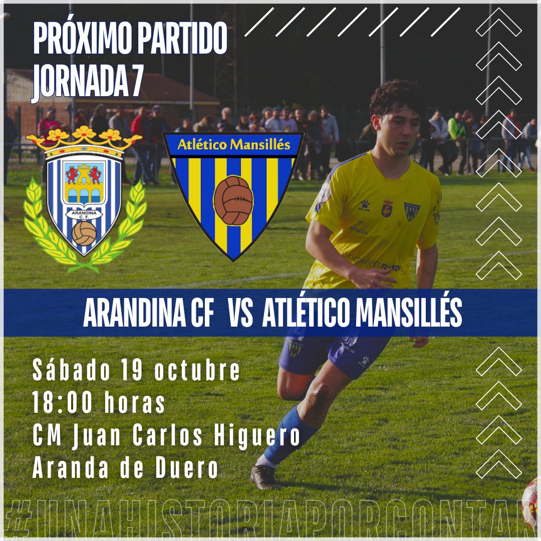 AtlMansilles's tweet photo. ⚔️ 𝗝𝗢𝗥𝗡𝗔𝗗𝗔  𝟳  ⚔️

🆚 @ArandinaCF 
📅 Sábado 19
🕒 18:00
🏟️ CM Juan Carlos Higuero
📍 Aranda de Duero

#UNAHISTORIAPORCONTAR 
#123atléticomansillés💙💛 https://t.co/EjYtuoZ7rW