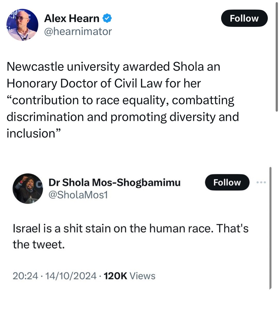 SholaMos1's tweet photo. I. Stand By. Every. Word. I watched Israel burn children & innocent civilians alive yesterday amongst thousands it has EXTERMINATED for 12 months with impunity.  I promise you 'shit stain' is the least descriptor I can use for the monstrous evil apartheid terrorist state of Israel. I unapologetically & unequivocally stand with the Palestinians, a persecuted minority, who Israel is committing a holocaust against. My advocacy & activism will always be with the persecuted & oppressed not the oppressor & aggressor. You genocide apologists don't like it? Tough. Keep attacking & trying to 'discredit' 'cancel' 'defame' me as antisemitic - Bring. It. On.

If you think I will be silent, you better think again @hearnimator. I kindly tagged Newcastle Uni for you to save you the trouble of 'reporting' me ☕️