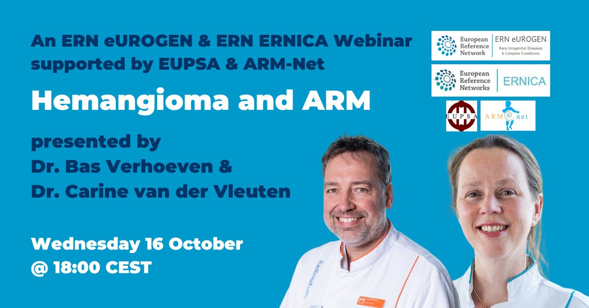 Join a <a href="/ERN_eUROGEN/">ERN eUROGEN</a> &amp; @ERNICA webinar supported by ARM-Net &amp; <a href="/EupsaSurgeons/">EUROPEAN PAEDIATRIC SURGEONS’ ASSOCIATION</a>:
🖥 Hemangioma &amp; ARM
👥 Bas Verhoeven &amp; Carine van der Vleuten
📆 Wed 16 Oct, 18:00 CEST
🔗 bit.ly/ERN_eUROGEN_We…
#UroSoMe #Urology #PedUro #SoMe4PedSurg