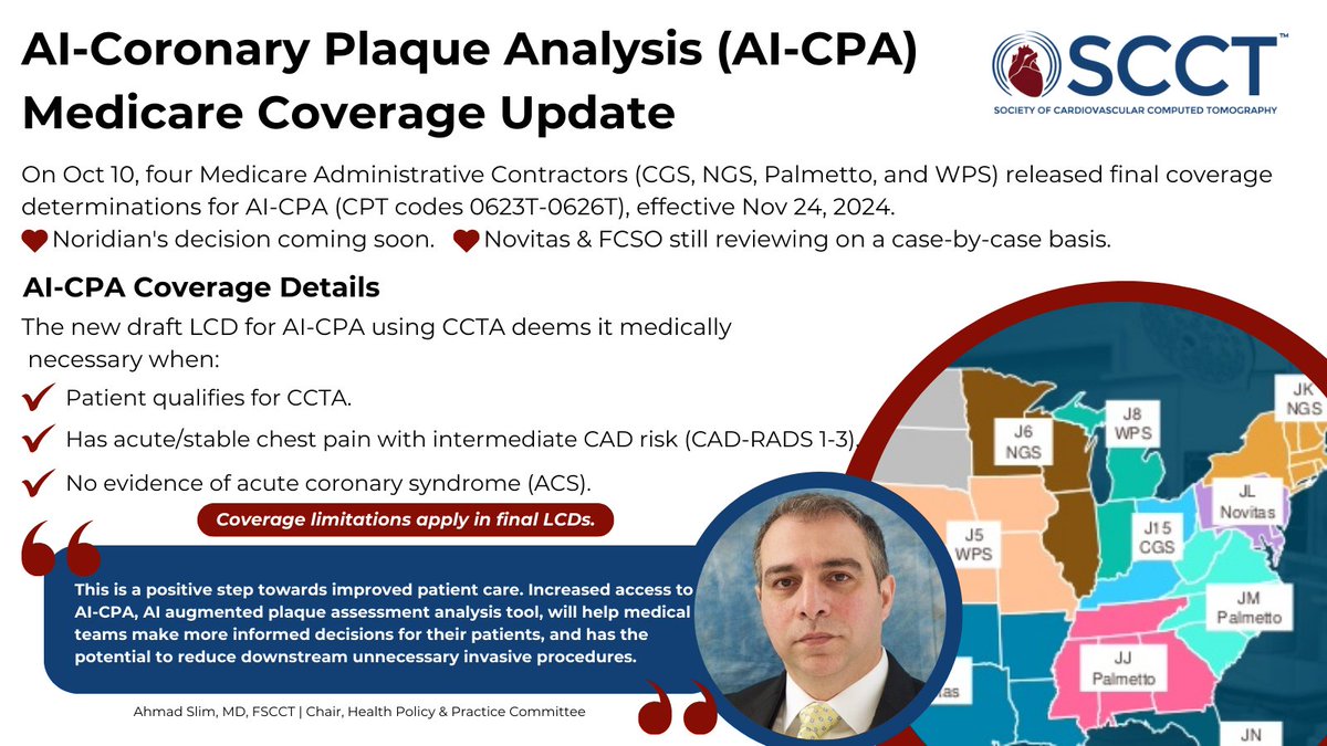 Heart_SCCT (@heart_scct) on Twitter photo Exciting news for AI-Coronary Plaque Analysis! Four MACs have released updated LCDs for CPT codes 0623T-0626T, making AI-CPA using CCTA a covered diagnostic study. <a href="/Ahmad_M_Slim/">Ahmad M. Slim</a>
Learn more: ow.ly/nhsf50TM5h6 Exciting news for AI-Coronary Plaque Analysis! Four MACs have released updated LCDs for CPT codes 0623T-0626T, making AI-CPA using CCTA a covered diagnostic study. <a href="/Ahmad_M_Slim/">Ahmad M. Slim</a>
Learn more: ow.ly/nhsf50TM5h6