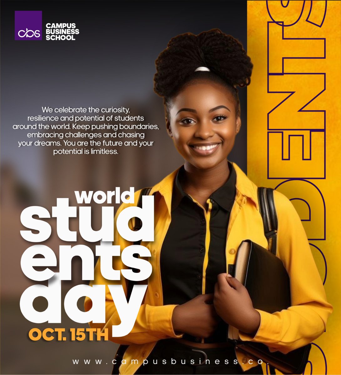 CampusBusinessS's tweet photo. Happy World Student's Day🥳📚📚🖋️🖋️✏️

We celebrate the curiosity, resilience and potential of students around the world. Keep pushing boundaries, embracing challenges and chasing your dreams. You are the future and your potential is limitless.
#school 
https://t.co/xT5PpZUhBI https://t.co/mpRLzIx1zG