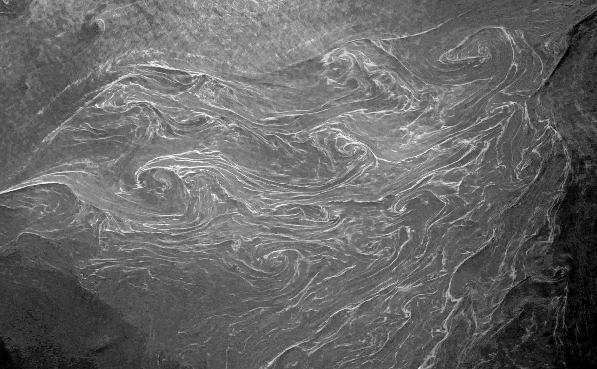 Sun glint off the Mediterranean Sea (infrared and converted to black and white). When the sun reflects off the ocean, watery details unseen with normal lighting shows up. Small centimeter differences in ocean height become visible, revealing hidden currents.

Here, naturally