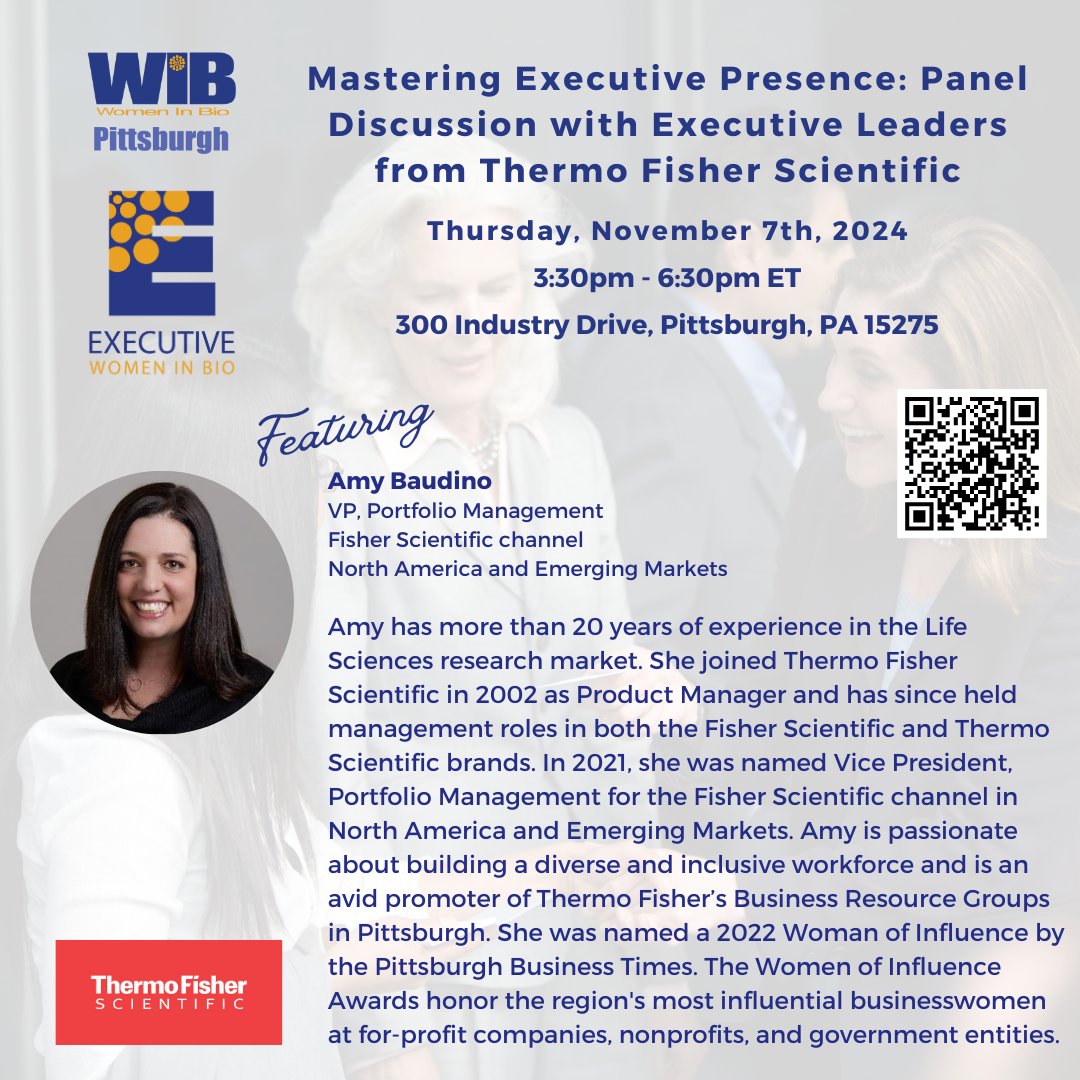 Introducing our next panelist, Amy Baudino. Amy will be sharing her unique perspective with us during our upcoming panel discussion on mastering executive presence. 
To learn more about Amy and the event, or to register, click here: community.womeninbio.org/event/pitt-ewi…