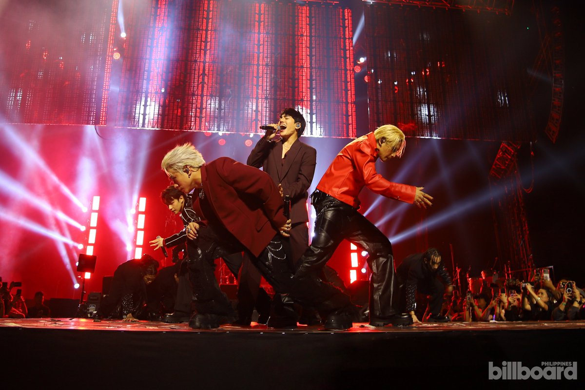 BBPHOfficial's tweet photo. Closing off the show with a bang are the Kings of P-pop, #SB19, as they set the stage on fire with a remix of "Mana" and "CRIMZONE." The group exclusively prepared this arrangement for the Billboard Philippines: Mainstage. 

#BillboardPHMainstage 
#BillboardPH 
#BillboardPhilippines