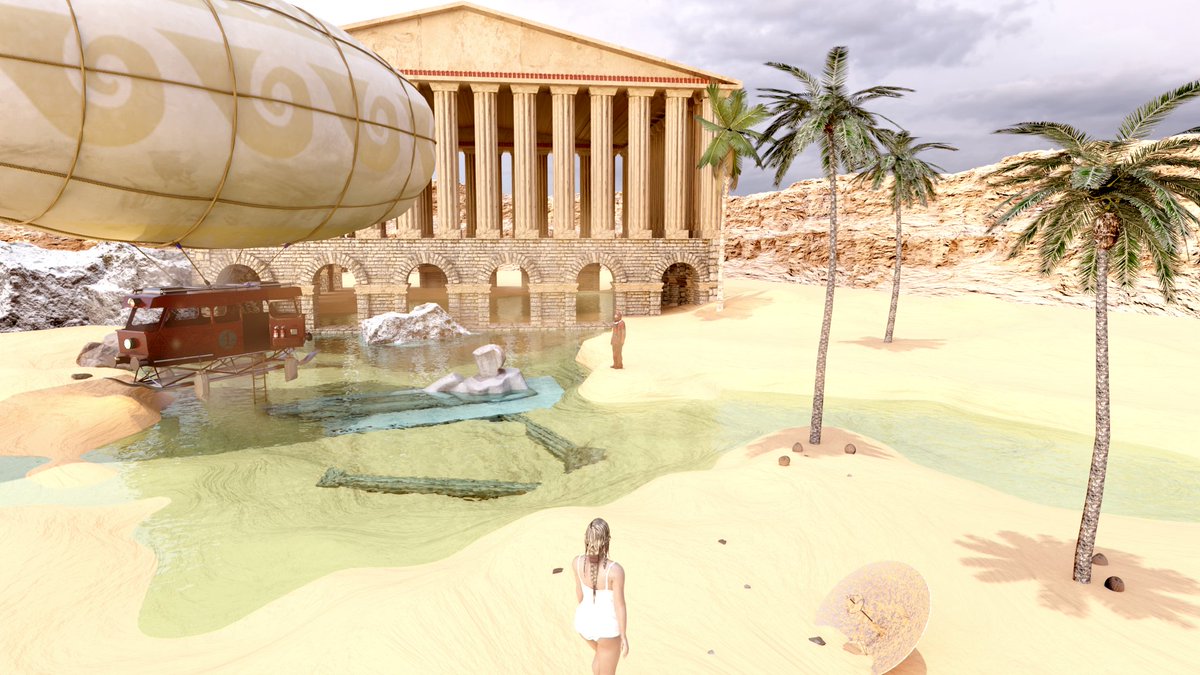 Mirescape's tweet photo. Oasis project  :) #Digital3D #3dmodeling 
#EnvironmentalConceptArtDesign
#GamesandRealTime3DEnvironmentArt
#NoAI #postapocalyptic #desert #oasis
#zeppelin #tram #roman #blender #substance3dpainter #paintnet https://t.co/rJvWxphFbk