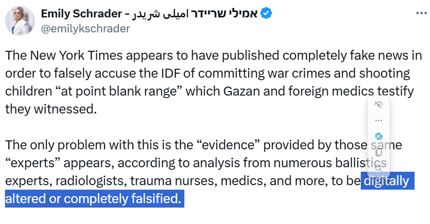 ProjectGaza's tweet image. In her first entry for the project, @emilykschrader  promotes the baseless conspiracy theory that the x-rays of Gazan children shot in the head, published and vetted by the NYT, were &quot;digitally altered or completely falsified.&quot;