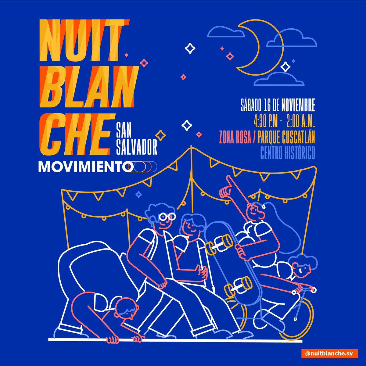 La Nuit Blanche San Salvador regresa el sábado 16 de noviembre con su 6ta edición bajo el tema de “Movimiento”🌟 

Prepárate para una noche mágica llena de arte, música y cultura en Zona Rosa, Centro Histórico y Parque Cuscatlán. 

Más información y detalles en los próximos días