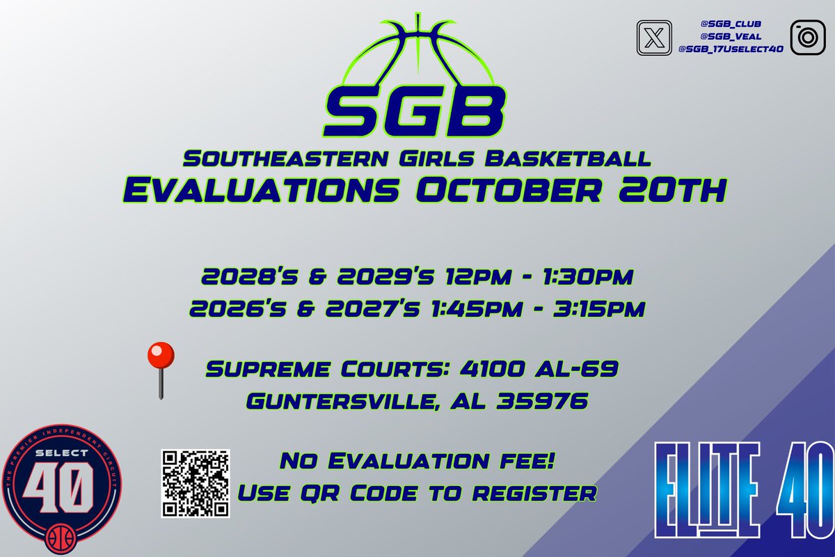 Southeastern Girls Basketball (@sgb_club) on Twitter photo First Evals are coming up! Come showcase your skills and earn an opportunity to play on the largest independent circuits! <a href="/SelectEventsBB/">Select Events Basketball</a> <a href="/Elite40League/">Elite 40 League</a> #sgb First Evals are coming up! Come showcase your skills and earn an opportunity to play on the largest independent circuits! <a href="/SelectEventsBB/">Select Events Basketball</a> <a href="/Elite40League/">Elite 40 League</a> #sgb