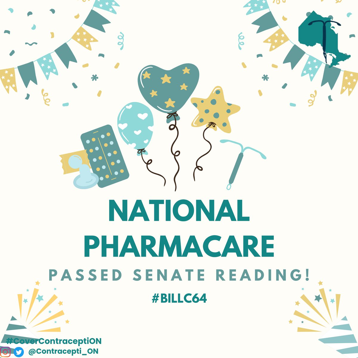 📢 EXCITING NEWS 📢 

On October 10th, the National Pharmacare bill #BillC64 has passed! 

What's next? Ontario must agree to implement this plan. Visit bit.ly/ContraceptionM… to write to your MPP and ask them to make universal, no-cost #contraception a reality in Ontario!