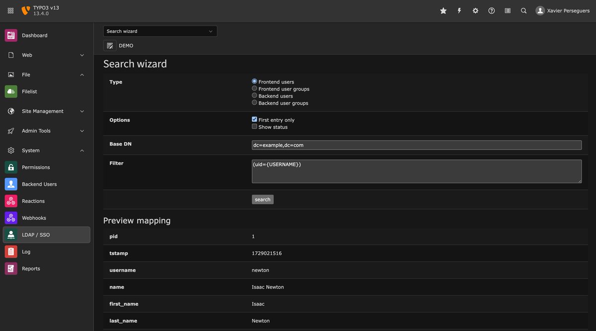 xperseguers's tweet image. #TYPO3 LDAP extension in the brand new v13 LTS released today… Looks pretty neat and works at least “basically”. Promising! 😁
Some work pending on CSP.
Don’t hesitate to test it extensively (as announced, supporting v11 ELTS, v12 LTS and soon v13 LTS): github.com/xperseguers/t3…