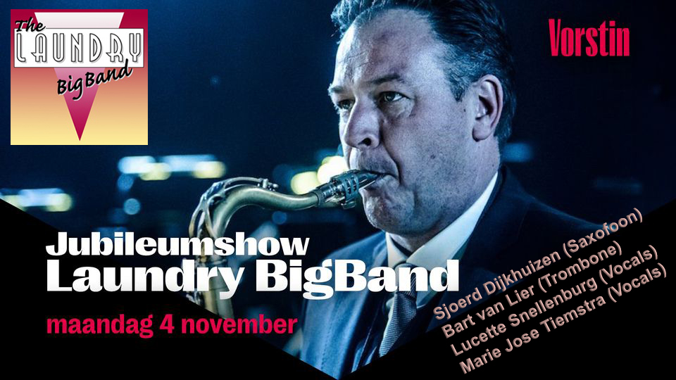 Wasdag (150) Jubileumconcert. Iedereen is welkom voor een kijkje in de keuken van The Laundry Big Band tijdens de openbare repetitie van 20:00h tot rond 21.15h. Daarna van 21:30h tot 22:30h het wasdagconcert.
<a href="/devorstin/">De Vorstin</a> <a href="/bigband/">FTO Bigband</a> <a href="/jazz/">Jasmine</a> <a href="/uhilversum/">UITpuntHilversum</a> <a href="/mediastad/">Mediastad</a>