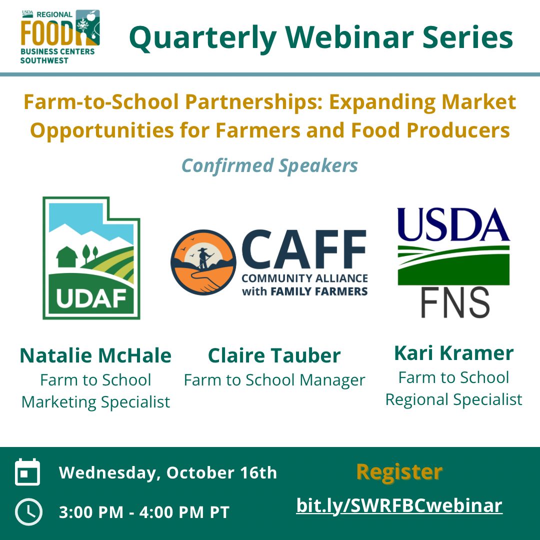 📣 Join the Southwest Center tomorrow from 3-4PM PT for our quarterly webinar series! 

Learn how Farm to School programs can help farmers and food businesses expand their market reach and create sustainable revenue streams.

Register at: buff.ly/3XKbvP3