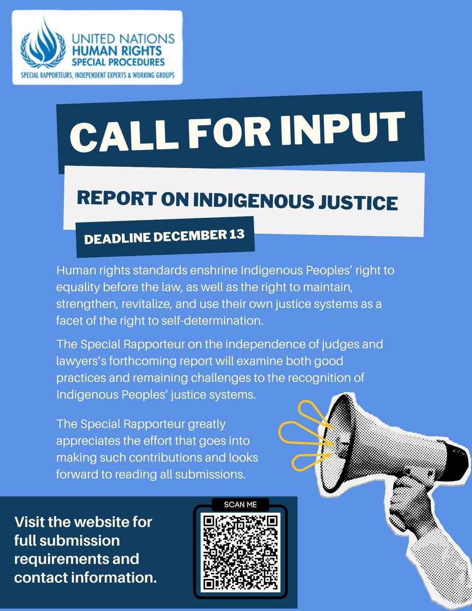 📢I’m seeking contributions for my next thematic report, on #Indigenous justice! #HRC59

Deadline for submissions is December 13. 

Visit the website for full submission requirements and contact information: ohchr.org/en/calls-for-i…