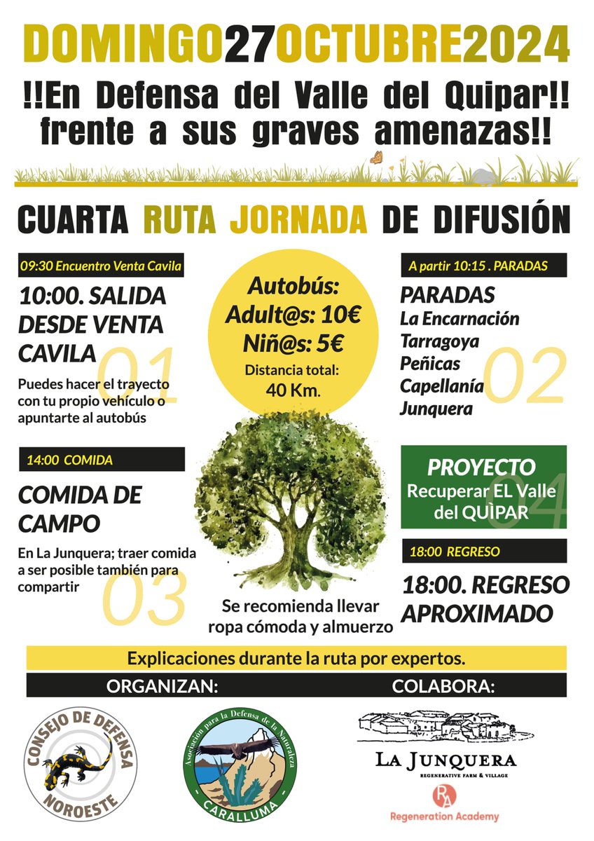 defensanoroeste's tweet photo. Jornada Ruta de Difusion 27 Oct.:  !!En Defensa del Valle del Quipar🏞️🌳🌿💧frente a sus graves amenazas!!😨
-Dia 27 de Oct. Salida 10 h. Venta Cavila (Caravaca).
-Paradas: La Encarnacion, Tarragoya, Peñicas, Capellania y Junquera.
-Comida de campo. 
#SalvarValledelQuipar https://t.co/iliwqzlPgw