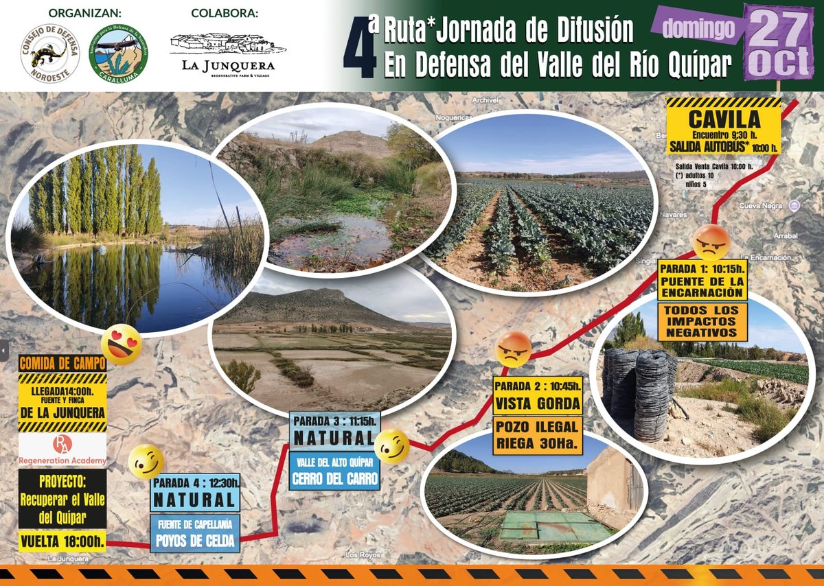 defensanoroeste's tweet photo. Jornada Ruta de Difusion 27 Oct.:  !!En Defensa del Valle del Quipar🏞️🌳🌿💧frente a sus graves amenazas!!😨
-Dia 27 de Oct. Salida 10 h. Venta Cavila (Caravaca).
-Paradas: La Encarnacion, Tarragoya, Peñicas, Capellania y Junquera.
-Comida de campo. 
#SalvarValledelQuipar https://t.co/iliwqzlPgw