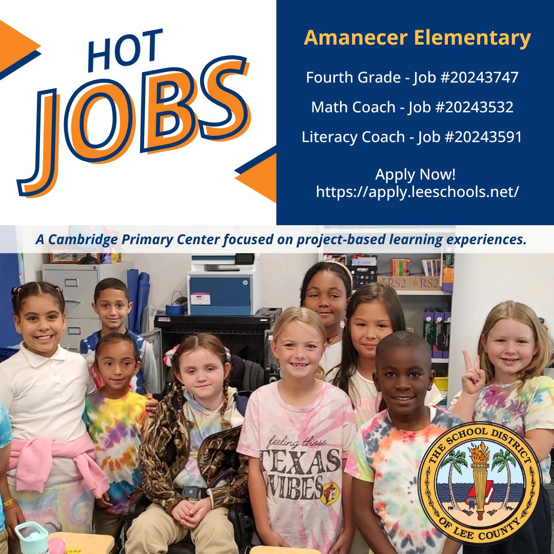 Hot Jobs Alert! 🔔 

Amanecer Elementary is in need of a 4th grade teacher, Math Coach, and Literacy Coach.

If you’re interested in any of these positions, please contact us at careers@leeschools.net!