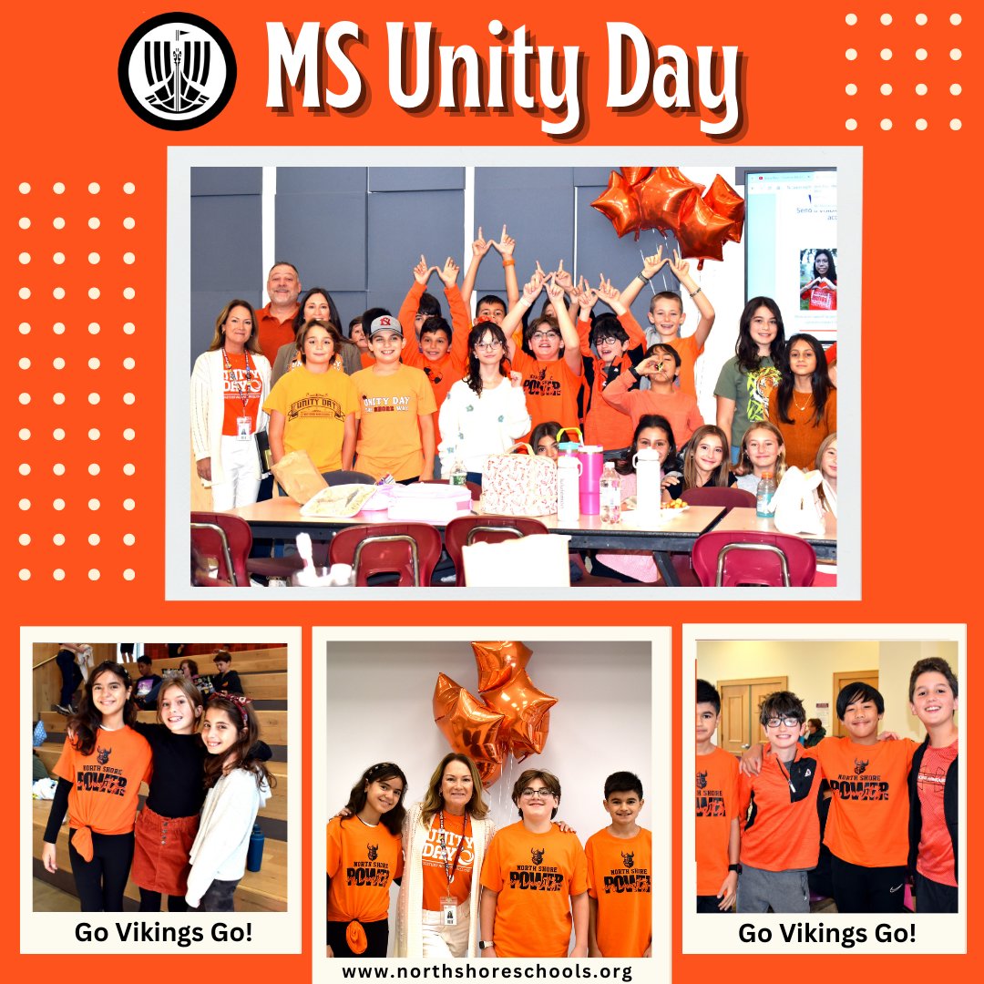UNITY DAY THE SHORE WAY
Wear and Share Orange #UnityEveryDay
North Shore MS students wore orange today to send a visible message of building commUNITY through kindness, acceptance, and inclusion. Anti-bullying themes are often reiterated at the North Shore Schools. #GoVikingsGo