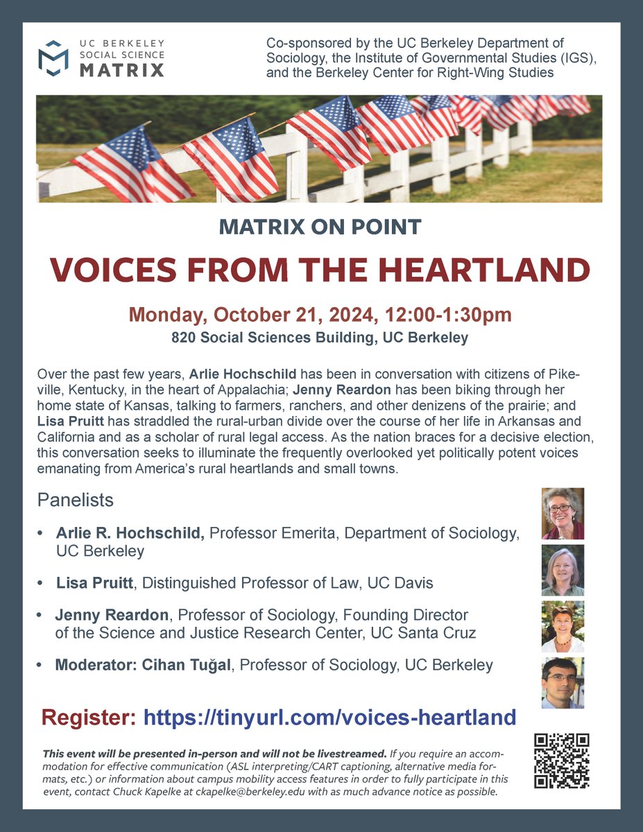 SocialScienceMatrix (@socscimatrix) on Twitter photo Join us Mon. 10/21 at 12pm for "Matrix on Point: Voices from the Heartland," featuring <a href="/berkeleysocio/">UC Berkeley Sociology</a>'s <a href="/hochschild_r/">Arlie R. Hochschild</a>, <a href="/scijust/">scijust</a>'s Jenny Reardon, and <a href="/UCDavisLaw/">UC Davis Law</a>'s <a href="/lisareneepruitt/">Lisa R. Pruitt</a>, moderated by <a href="/CihanTugal/">Cihan Tugal</a>. With <a href="/BerkeleyIGS/">Institute of Governmental Studies</a> and <a href="/UCBerkeleyCRWS/">CRWS</a>. REGISTER: tinyurl.com/voices-heartla… Join us Mon. 10/21 at 12pm for "Matrix on Point: Voices from the Heartland," featuring <a href="/berkeleysocio/">UC Berkeley Sociology</a>'s <a href="/hochschild_r/">Arlie R. Hochschild</a>, <a href="/scijust/">scijust</a>'s Jenny Reardon, and <a href="/UCDavisLaw/">UC Davis Law</a>'s <a href="/lisareneepruitt/">Lisa R. Pruitt</a>, moderated by <a href="/CihanTugal/">Cihan Tugal</a>. With <a href="/BerkeleyIGS/">Institute of Governmental Studies</a> and <a href="/UCBerkeleyCRWS/">CRWS</a>. REGISTER: tinyurl.com/voices-heartla…