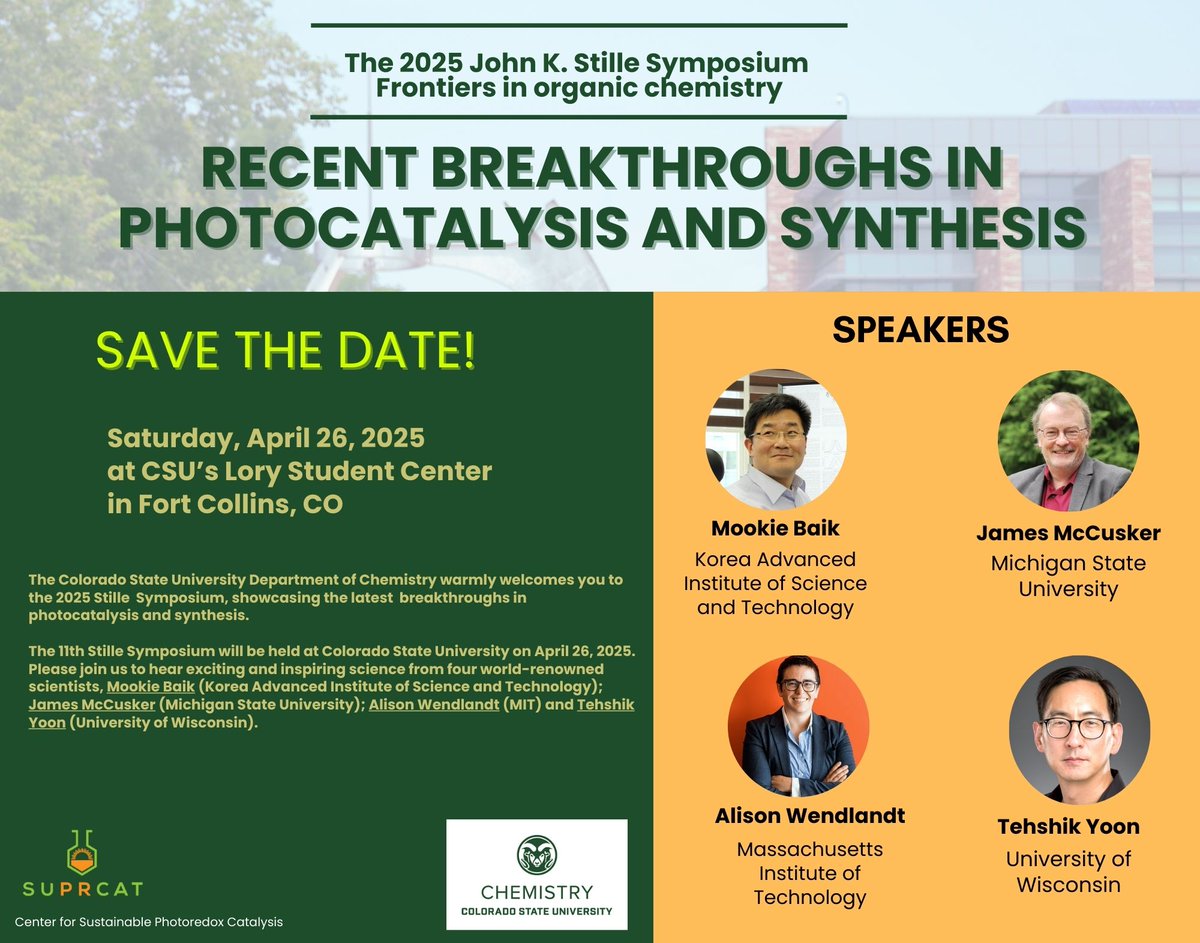 SuPRCat (@nsfsuprcat) on Twitter photo We're taking over the 2025 Stille Symposium! Save April 26 on your 2025 calendar and come learn about breakthroughs in photocatalysis and synthesis! We're taking over the 2025 Stille Symposium! Save April 26 on your 2025 calendar and come learn about breakthroughs in photocatalysis and synthesis!
