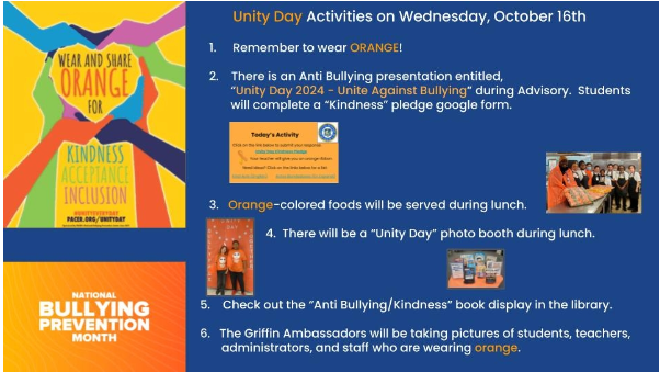 Third Wednesday in October — Unity Day! The signature event of National Bullying Prevention Month. Unite together against bullying! Tomorrow we will wear and share orange to unite for kindness, acceptance, and inclusion. <a href="/QMSGriffins/">Quioccasin Middle School</a> <a href="/QMSPTSO/">Quioccasin Middle School PTSO</a> @HCPSCounselors