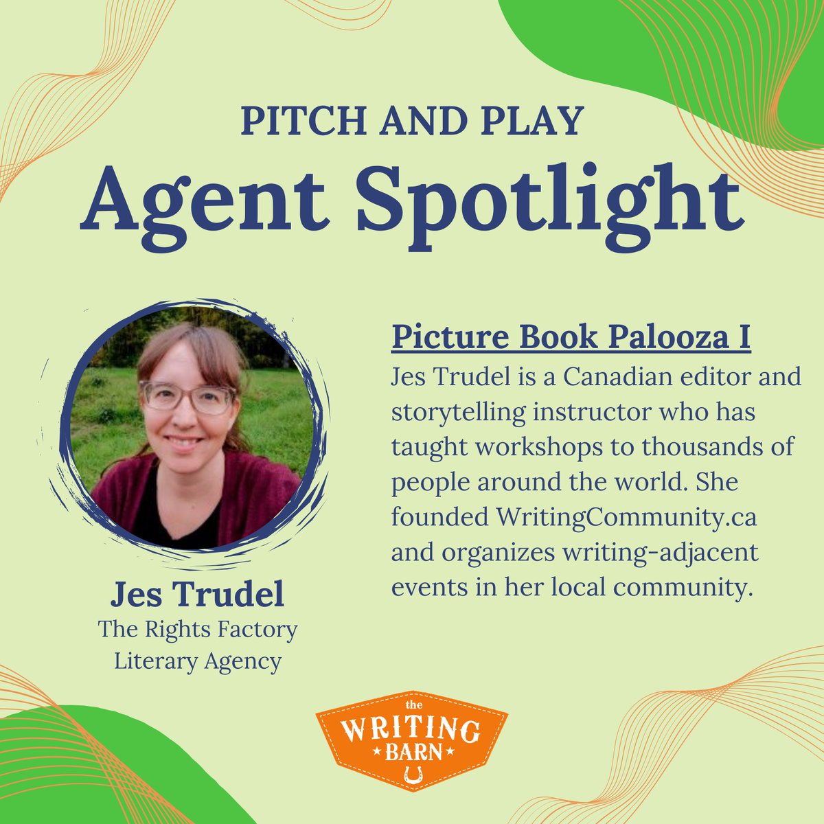 Our 2nd spotlight shines on agent Jes Trudel and her spark for writing!

Her submissions are currently closed BUT registrants for our Pitch &amp; Play event will have exclusive submission opportunities to her.

Sign up here: thewritingbarn.regfox.com/october-indust…