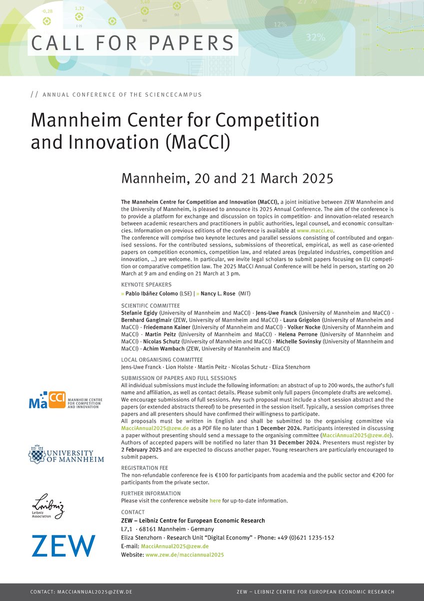 🚨 Call for papers 🚨

MaCCI Annual Conference 2025
When: March 20-21, 2025
Where: <a href="/ZEW/">ZEW</a> in Mannheim

Submit your competition and innovation-related papers by December 1, 2024!

More info at zew.de/macciannual2025

<a href="/eu_engage/">ENGAGE.EU</a> <a href="/EconUniMannheim/">Department of Economics, University of Mannheim</a>