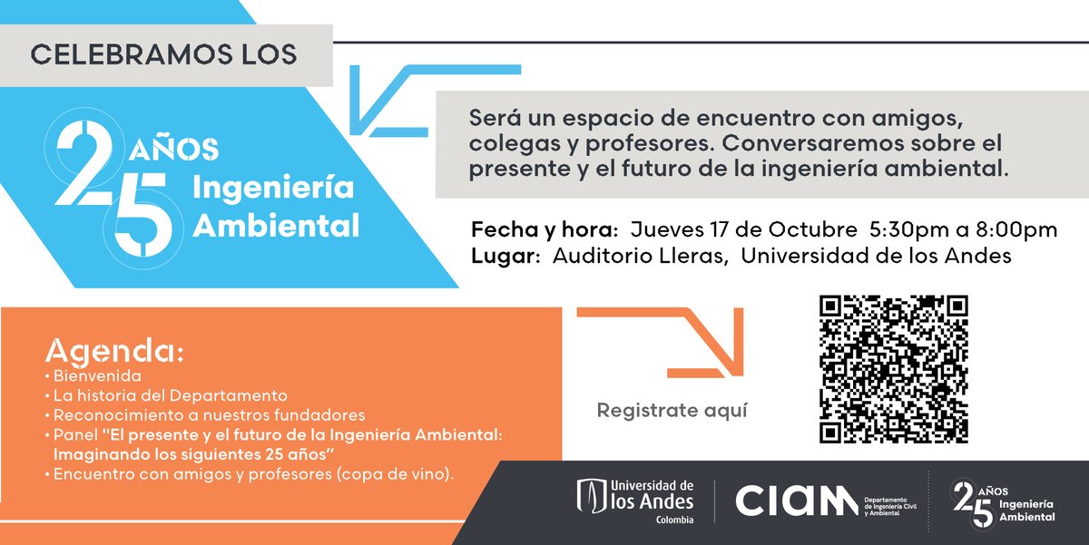¡Este jueves 17 de octubre celebramos 25 años de Ingeniería Ambiental en Uniandes!
Únete a nosotros en el Auditorio Lleras para conversar sobre el pasado y futuro de la carrera junto a colegas y amigos.  Regístrate aquí: tr.ee/g_HbpdVB6X