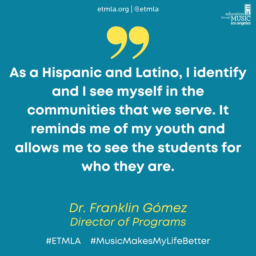 Celebrating Hispanic/Latino heritage doesn't stop today, but continues all year long! "...let the school teach you [the teacher] about their community and culture." - Dr. Gómez, Dir of Programs. Our community plays a vital role in shaping who we are. #ETMLA #HispanicHeritageMonth