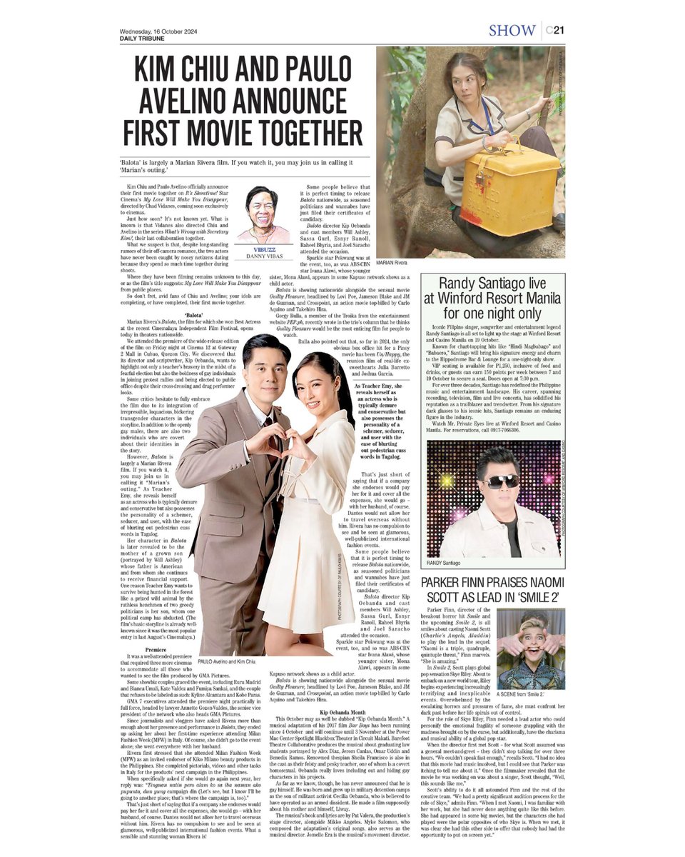 tribunephl's tweet photo. Today's Show Stories:

Kim Chiu and Paulo Avelino Announce First Movie Together

Read more at: https://t.co/fQVLmPDr5n

Randy Santiago live at Winford Resort Manila for one night only

Read more at: https://t.co/tCLrAvzlv4

Parker Finn praises Naomi Scott as lead in ‘Smile 2’

Read more at: https://t.co/t7mWjSdBJ7

#DailyTribune #ShowNews