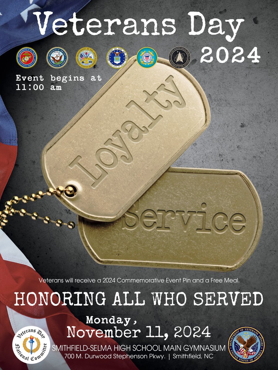 We invite all Johnston County veterans, their families &amp; the community to the 2024 Annual Veterans Day Celebration event!🥳

The event will be held in the gym <a href="/SSS_Spartans/">SSS High School</a> at 11 AM, &amp; lunch served immediately after.

We look forward to honoring our veterans! 🇺🇸

#VeteransDay2024