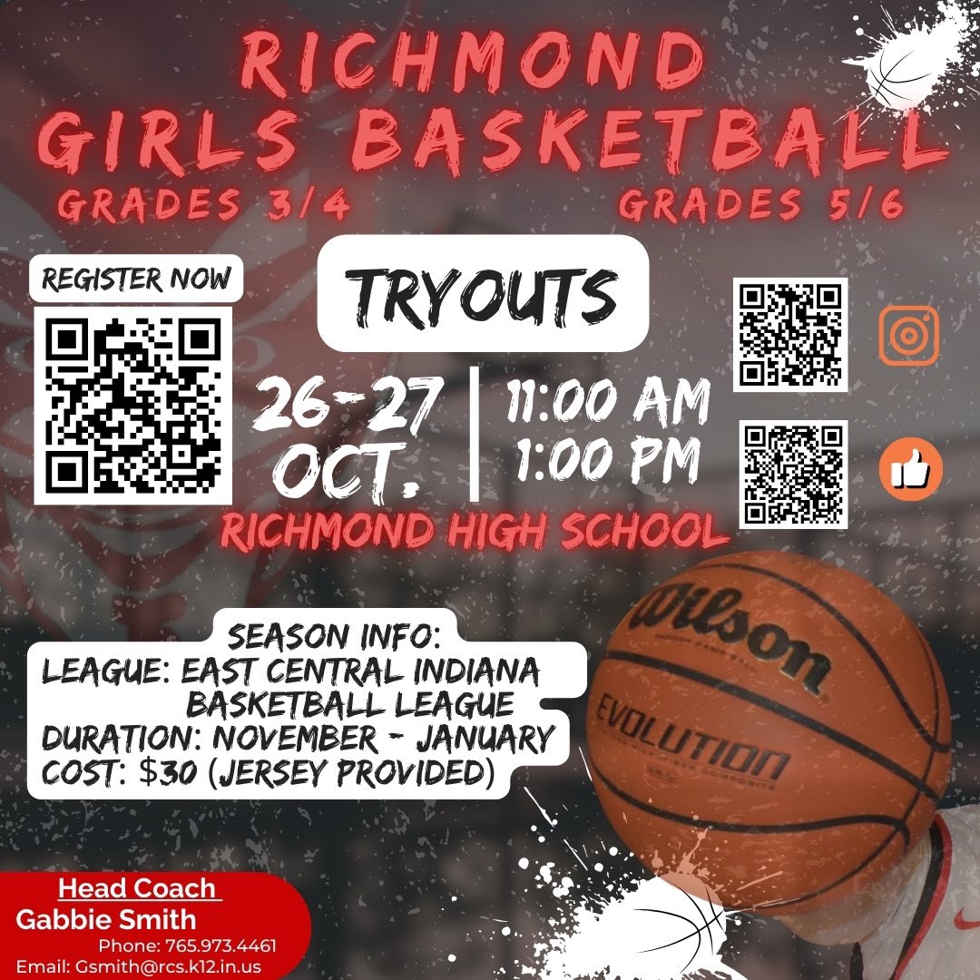 Tryouts for the Lady Red Devil teams for the East Central Indiana Basketball (ECI) League will be held for 3rd-6th grades at Richmond High School! More details will be provided at the tryouts. Use the link or scan the QR code below to register. 

forms.gle/AQhbwdcfhv1tnZ…