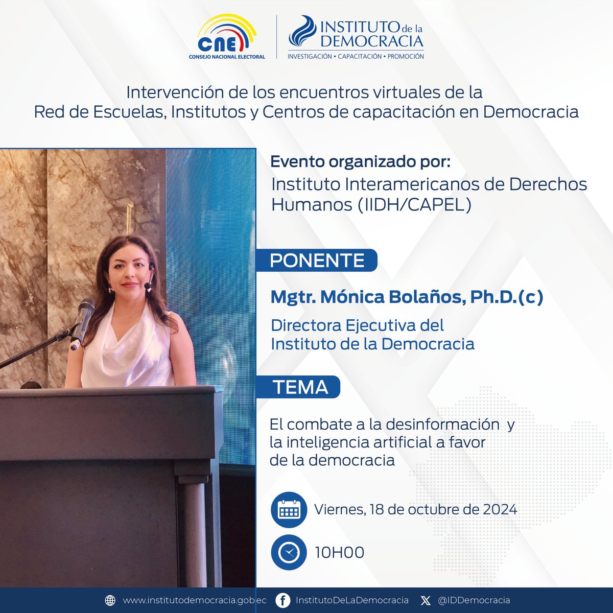Por invitación <a href="/IIDHoficial/">IIDH</a> / CAPEL,  y de la Secretaría Ejecutiva de <a href="/UNIORE/">UNIORE</a>,  la Directora Ejecutiva del <a href="/IDDemocracia/">Instituto de la Democracia</a>, <a href="/MonicaBolanos84/">Monica Bolaños</a>, participará como ponente del evento "Encuentros virtuales de la Red de Escuelas, Institutos y Centros de capacitación en Democracia".