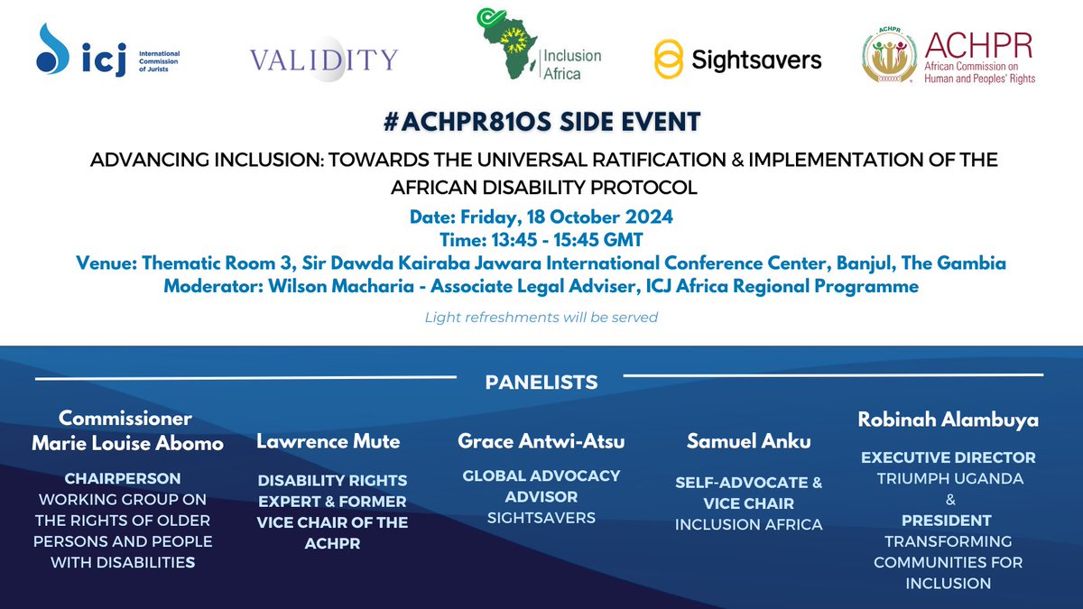 International Commission of Jurists - Africa (@icj_africa) on Twitter photo 📢 This Friday, 18 October, <a href="/ICJ_org/">ICJ</a>, <a href="/inclusionafric2/">Inclusion Africa</a>, <a href="/Sightsavers/">Sightsavers</a>, <a href="/achpr_cadhp/">African Commission on Human and Peoples' Rights</a> & <a href="/ValidityNGO/">Validity Foundation</a> are co-hosting a side event at the #ACHPR81OS on the #AfricanDisabilityProtocol!
Join us as we explore pathways to universal ratification & implementation of the ADP.
#RatifyADP 📢 This Friday, 18 October, <a href="/ICJ_org/">ICJ</a>, <a href="/inclusionafric2/">Inclusion Africa</a>, <a href="/Sightsavers/">Sightsavers</a>, <a href="/achpr_cadhp/">African Commission on Human and Peoples' Rights</a> & <a href="/ValidityNGO/">Validity Foundation</a> are co-hosting a side event at the #ACHPR81OS on the #AfricanDisabilityProtocol!
Join us as we explore pathways to universal ratification & implementation of the ADP.
#RatifyADP