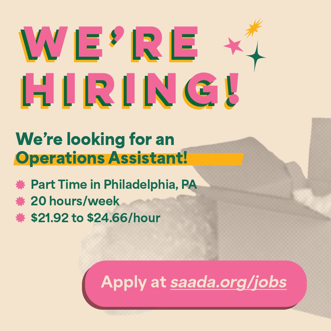 SAADA (@saadaonline) on Twitter photo SAADA is seeking a conscientious, curious, and detail-oriented Operations Assistant! 💼 Learn more about how to apply through the link in bio, or at saada.org/jobs. You can send any questions you may have about the position to jobs@saada.org. SAADA is seeking a conscientious, curious, and detail-oriented Operations Assistant! 💼 Learn more about how to apply through the link in bio, or at saada.org/jobs. You can send any questions you may have about the position to jobs@saada.org.
