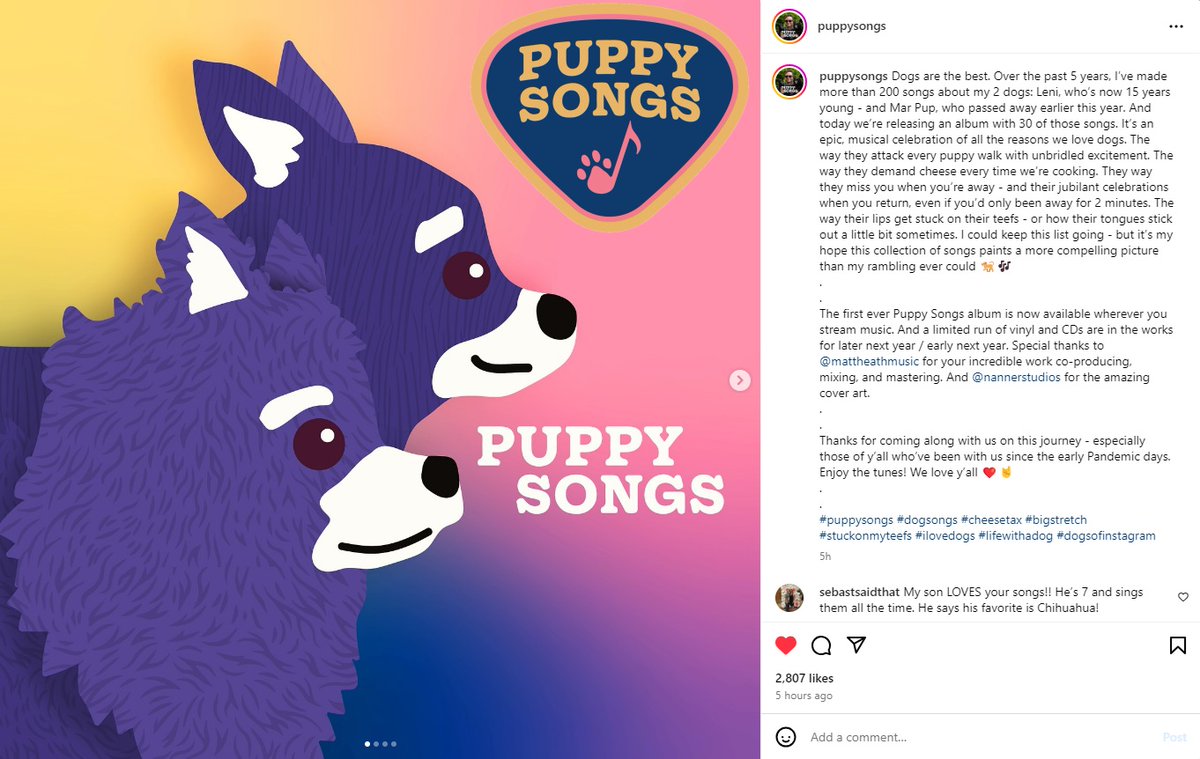 Dogs are the best! <a href="/puppysongs/">puppysongs</a> thinks so, too. Join Matt Hobbs of Puppy Songs in celebrating his pooches Leni &amp; Mar Pup and ALL DOGS EVERYWHERE with the release of his new self-titled album out on all streaming platforms. This one gets all four paws up!

open.spotify.com/album/64XrnTJq…