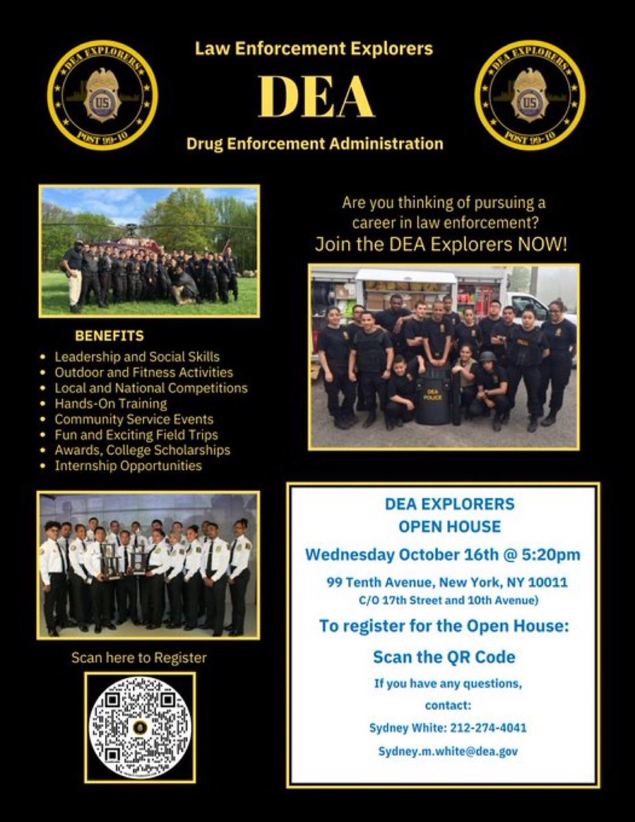 DEANEWYORKDiv's tweet photo. Are you between the ages of 16-20 years old, and are interested in a career in #LawEnforcement? If so, #DEAExplorers is the place for you! Come visit #DEANewYork tomorrow Wed., Oct. 16th, for our #Explorers Open House. Learn more below. ⬇️ #DEA #LawEnforcementExplorers https://t.co/nOLPYTozWF