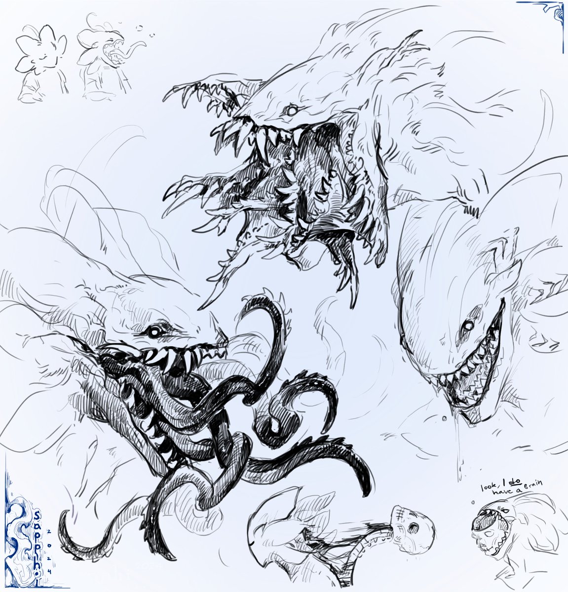 sapphiringore's tweet photo. Some head-mouth-teeth sketchy concepts for the alter ego guy https://t.co/a17dYxa72f