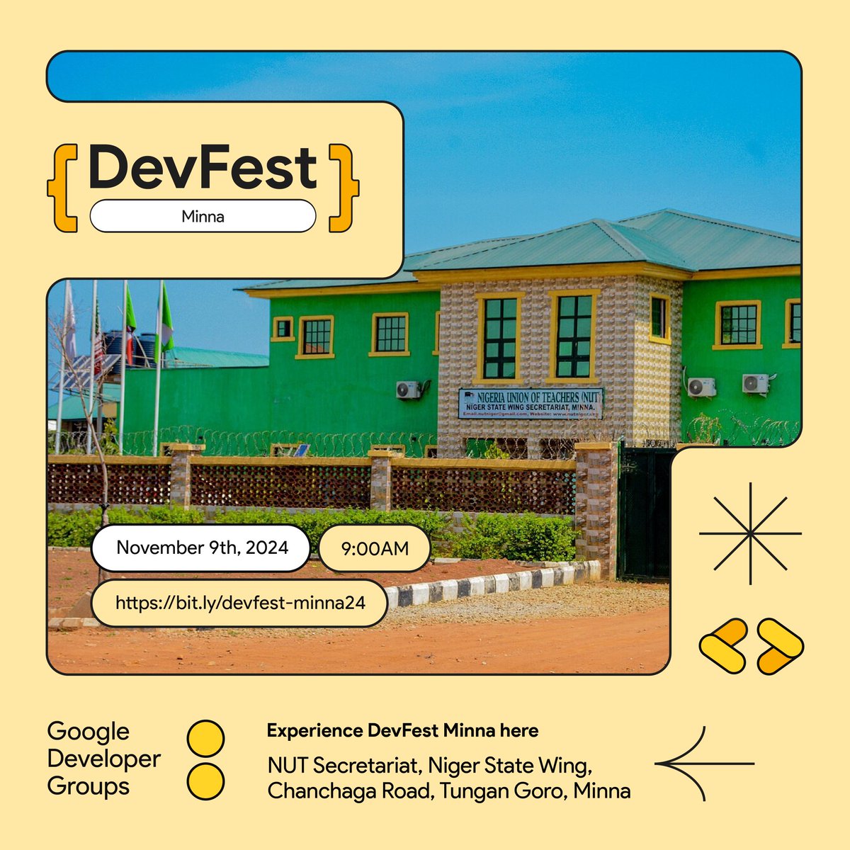🚀 Minna’s Biggest Tech Event is Here!

DevFest Minna 2024 is happening on November 9th!  RSVP now!

📅 Date: Nov 9, 2024
⏰ Time: 9:00 AM
📍 Location: NUT Secretariat Niger State Wing, Minna
🔗 RSVP: bit.ly/devfest-minna24

Join us and connect
#devfest #DevFestMinna