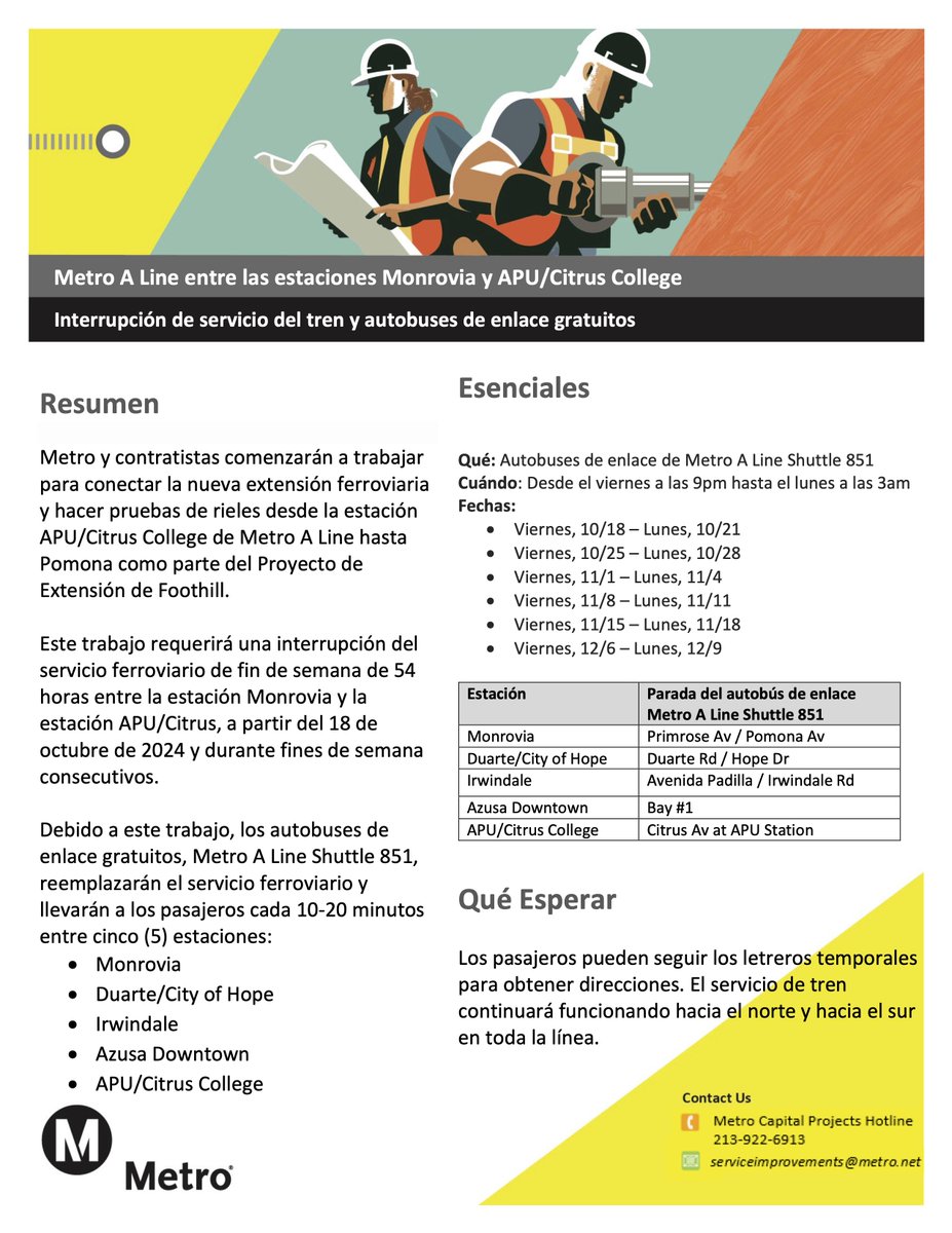 A LINE: Bus shuttles replace trains btwn Monrovia and APU/Citrus Stations for 6 weekends starting 9pm Friday, Oct 18

👇🏾 bus shuttle info below
🚊 we're connecting A Line to Pomona 
↔️ regular rail service Monrovia-Long Beach
ℹ️ all details mtro.la/LFFp50TM7XS