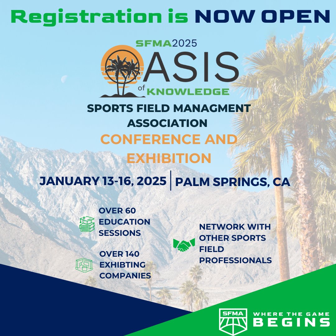 🌴☀️ It's time to head to the desert! 🌵

Registration for the 2025 Sports Field Management Association Conference &amp; Exhibition in Palm Springs is officially OPEN! 🎉
Register now: shorturl.at/AjnN3 

#SFMA2025 #PalmSprings #SportsTurf #TurfManagement #Conference