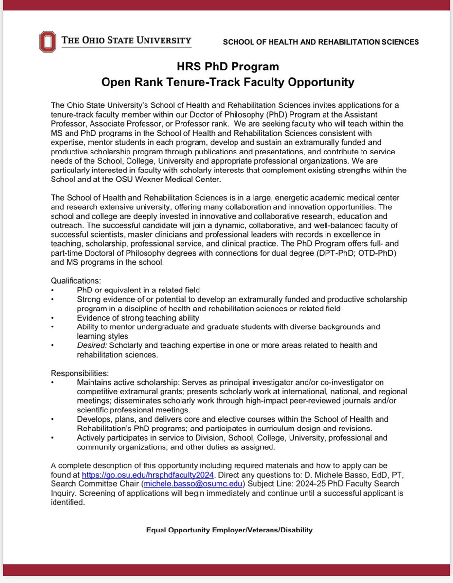 Jimmy O (@jimmyonatephd) on Twitter photo New faculty search at The Ohio State University College of Medicine’s School of Health and Rehabilitation Sciences.
Spread the word we are looking for quality applicants to join our team.
<a href="/osuhrs/">OSU School of Health and Rehabilitation Sciences</a> New faculty search at The Ohio State University College of Medicine’s School of Health and Rehabilitation Sciences.
Spread the word we are looking for quality applicants to join our team.
<a href="/osuhrs/">OSU School of Health and Rehabilitation Sciences</a>